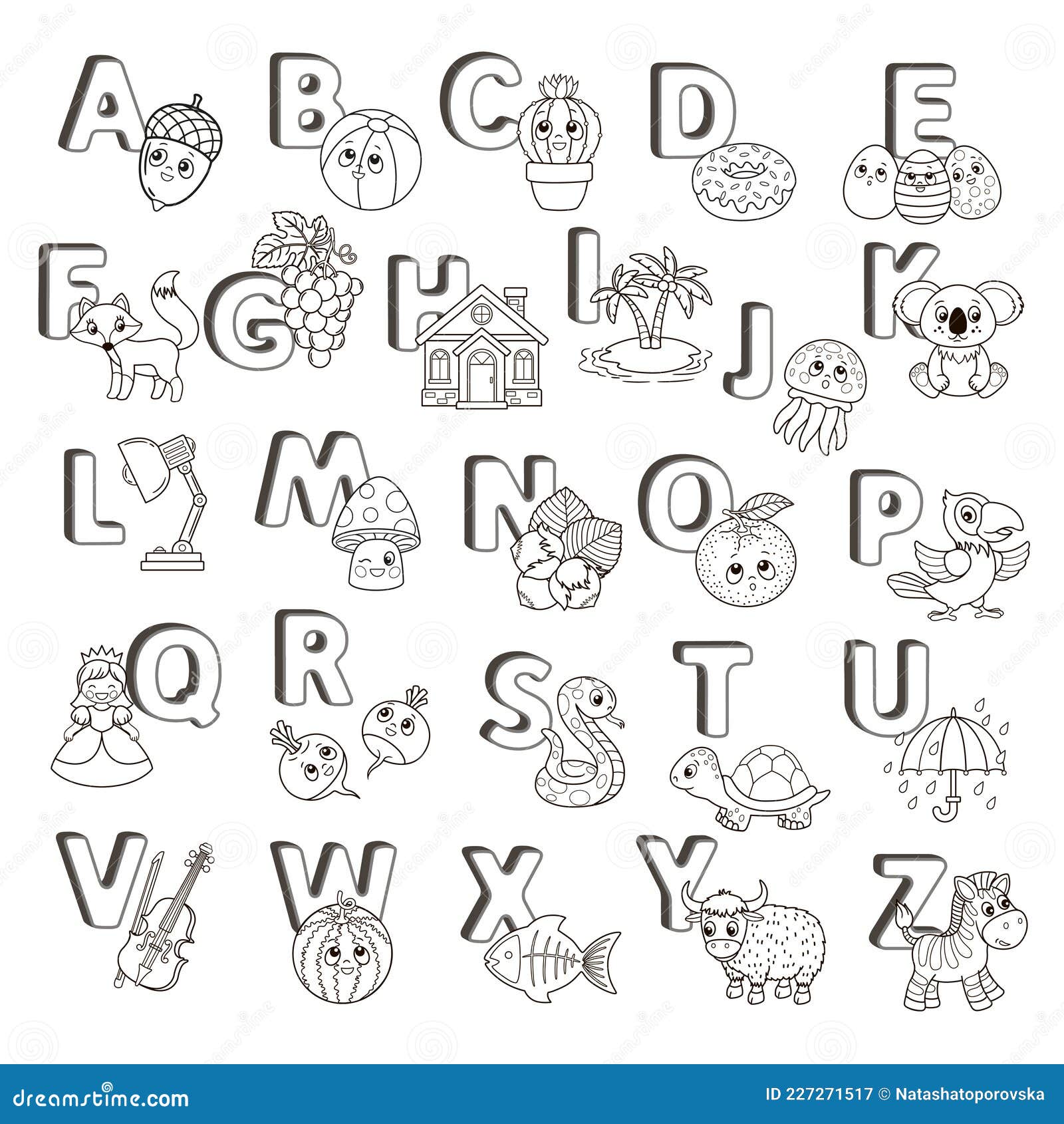 Vector abc poster capital letters of the english alphabet with cute cartoon zoo animals and things coloring page for stock vector