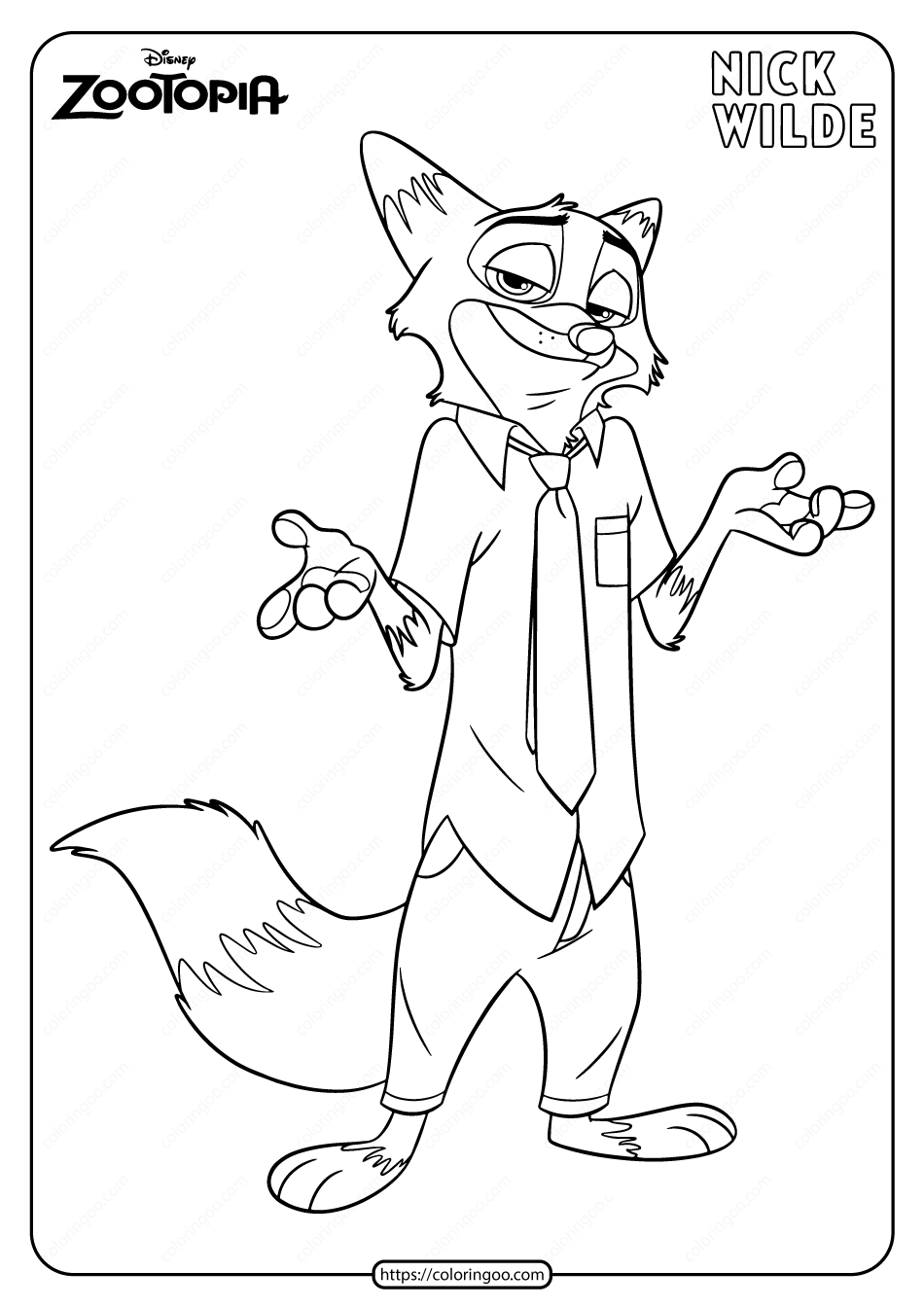 Printable disney zootopia nick wilde coloring page