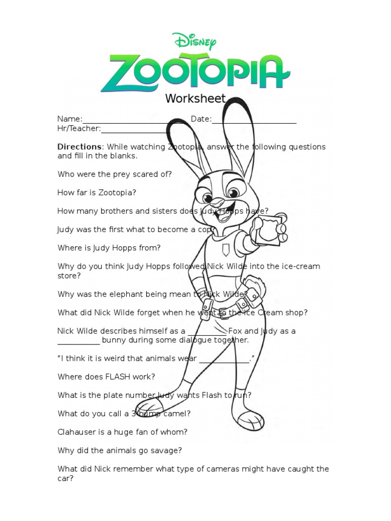 Zootopia worksheet printable pdf