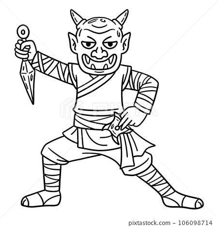 Ninja wearing oni mask isolated coloring page