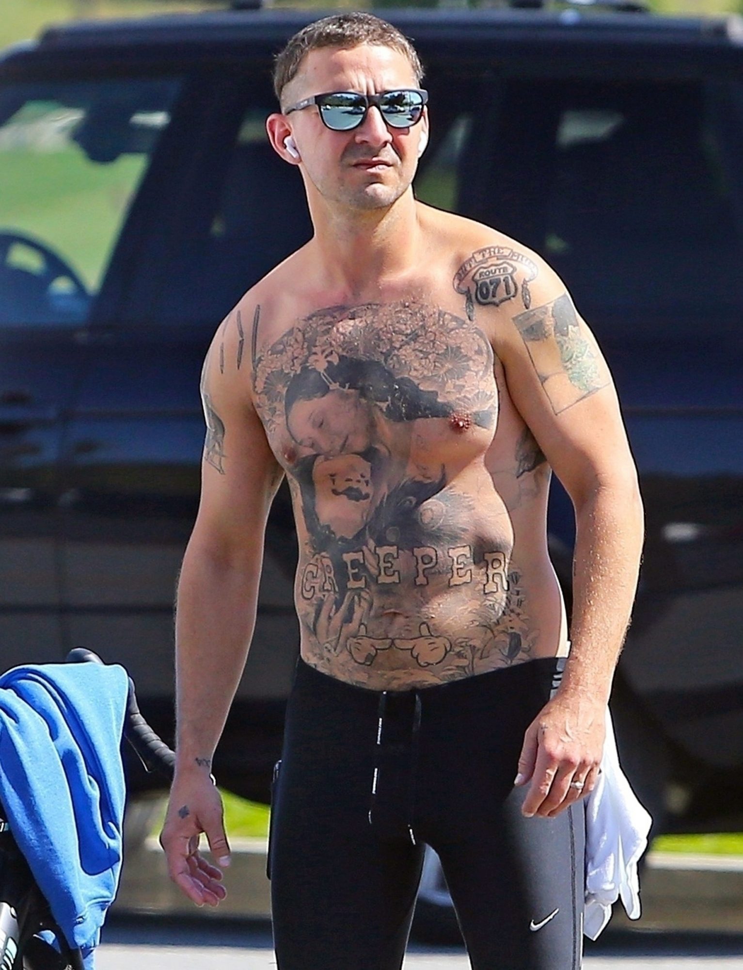 shia Labeouf Got A Huge Chest Tattoo For His Role In The Tax Collector  Peoplecom